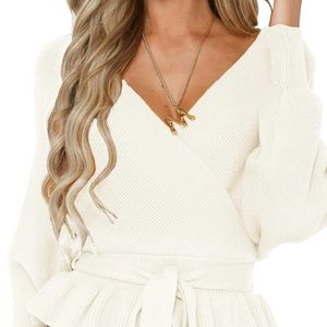 Wrap V Neck Long Batwing Sleeve Belted Waist Ruffle Knitted Sweater Pullover Top